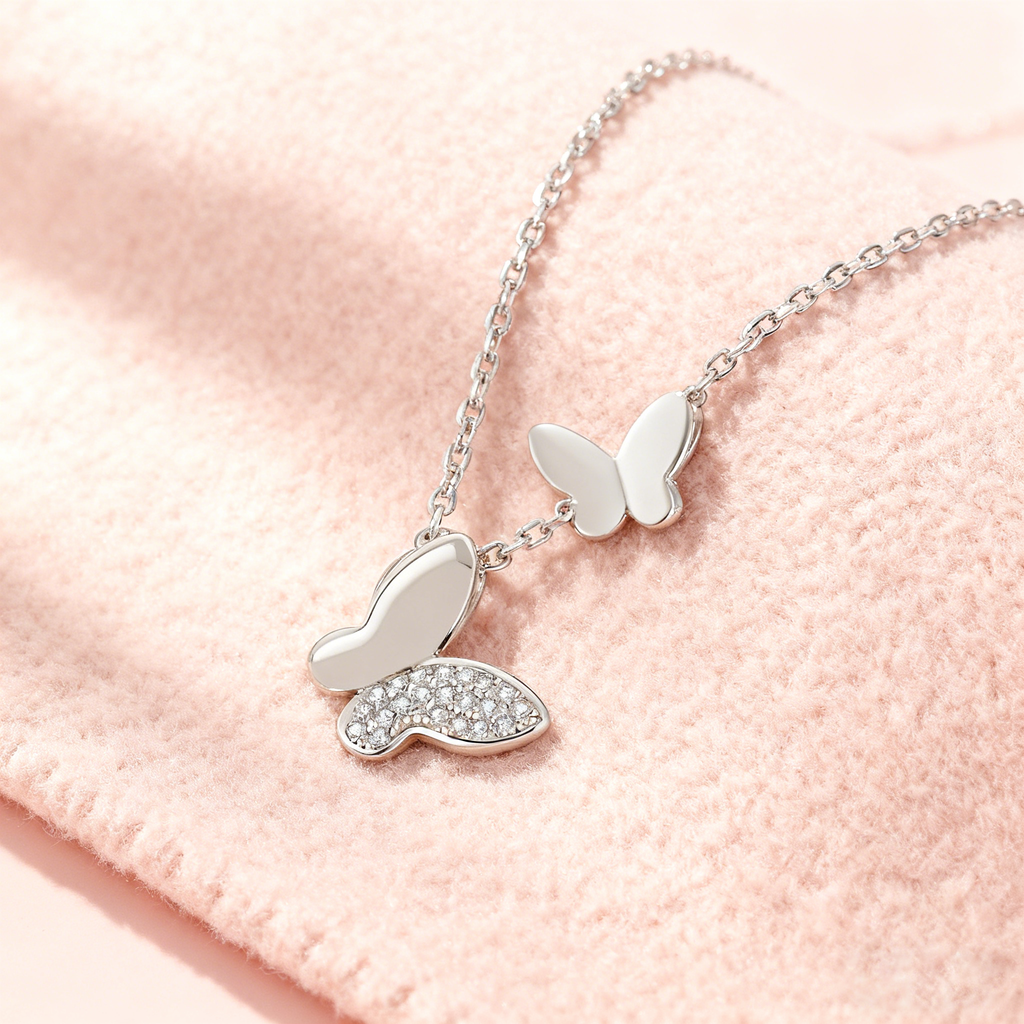 Dancing Double Butterfly Necklace – Sterling Silver & 6A Zircon