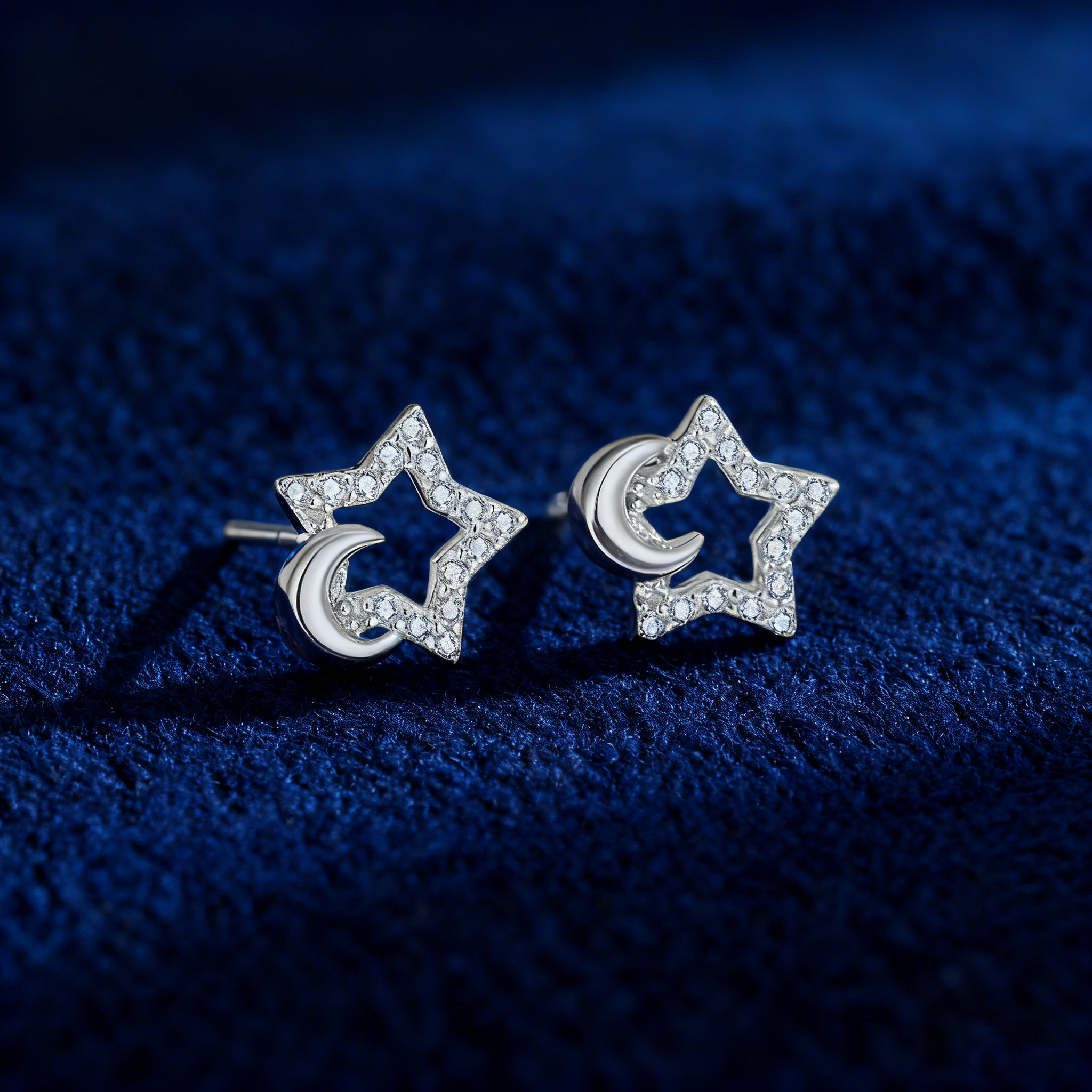 Shining Star & Moon Zircon Studs – S925 Silver, Luck & Radiance