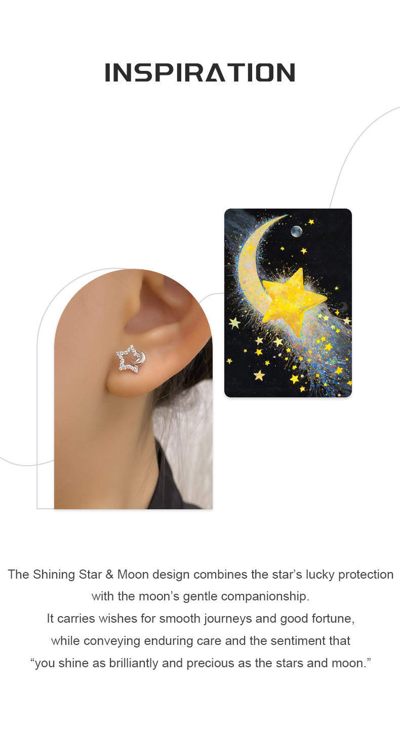 Shining Star & Moon Zircon Studs – S925 Silver, Luck & Radiance