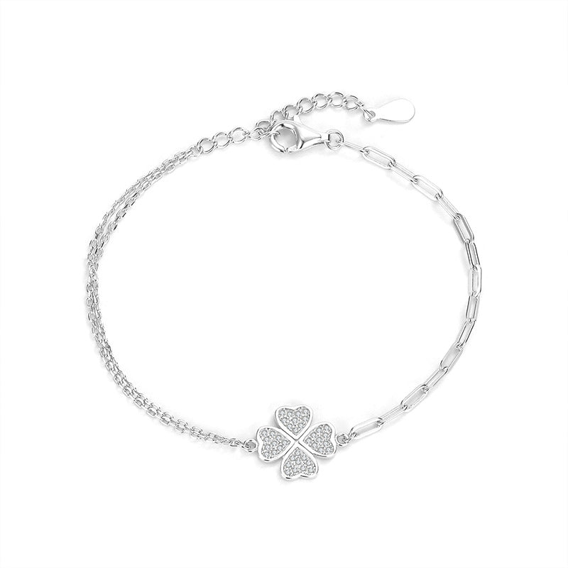 Four-Leaf Clover Zircon Bracelet – S925 Silver, Joy, Peace, Luck & Blessing