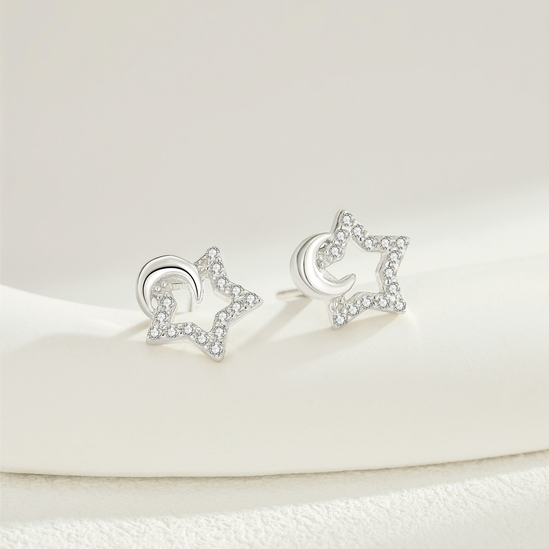 Shining Star & Moon Zircon Studs – S925 Silver, Luck & Radiance