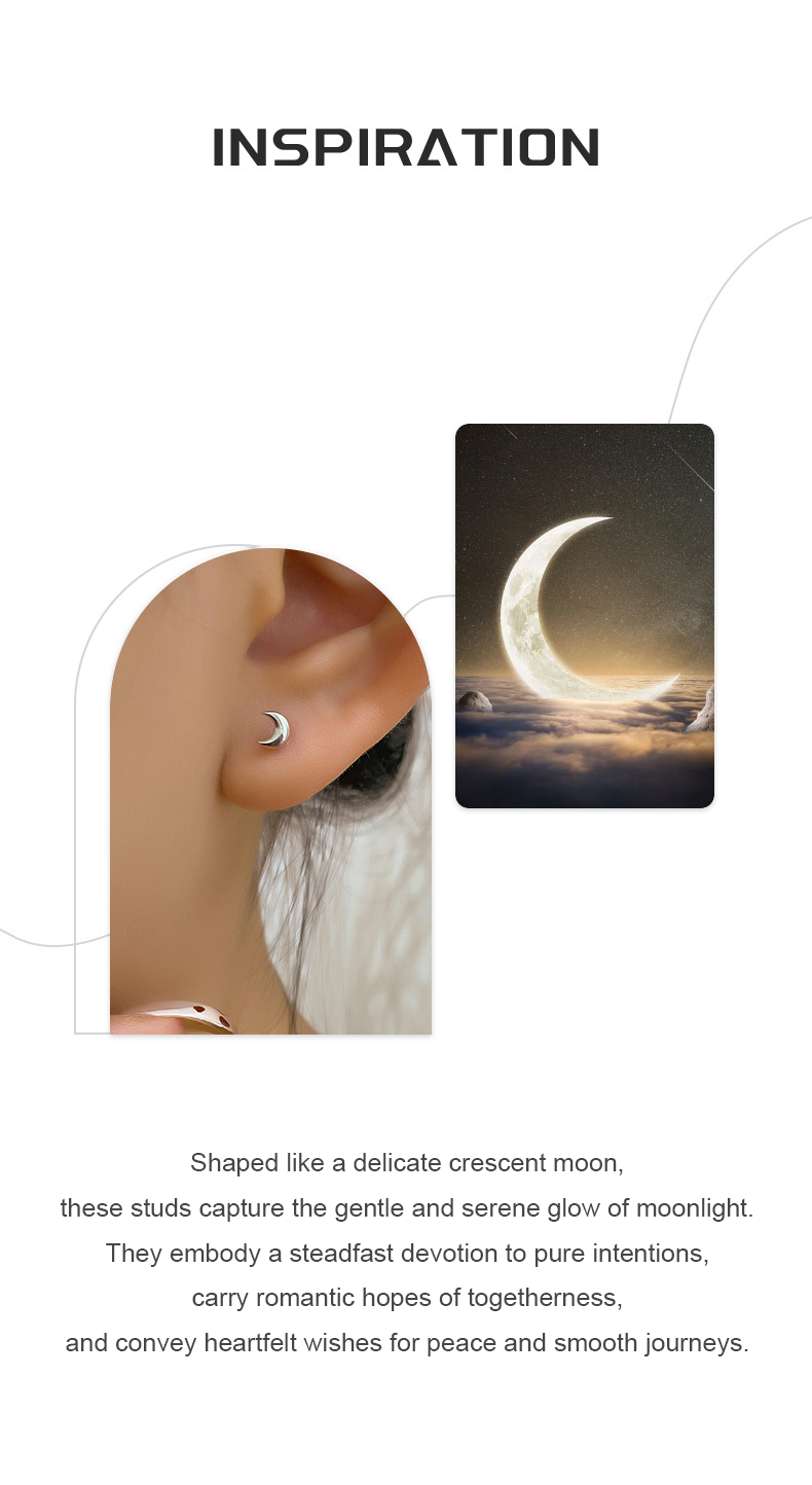 Crescent Moon Silver Studs – S925 Silver, Gentle & Serene