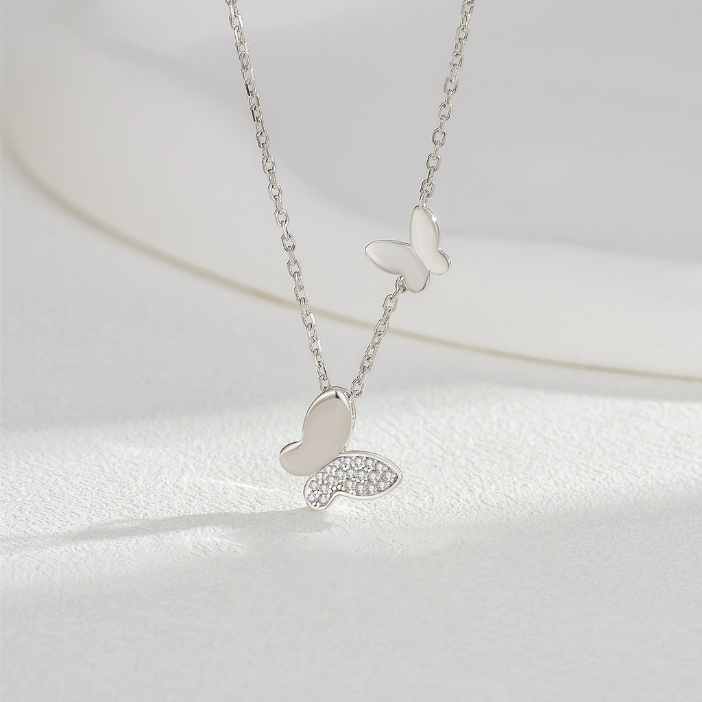 Dancing Double Butterfly Necklace – Sterling Silver & 6A Zircon