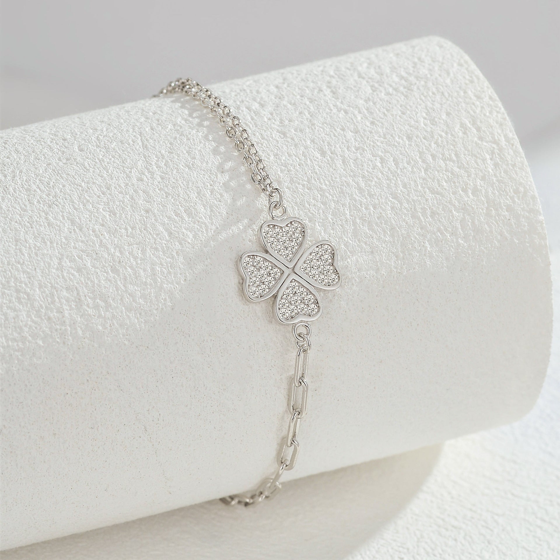 Four-Leaf Clover Zircon Bracelet – S925 Silver, Joy, Peace, Luck & Blessing