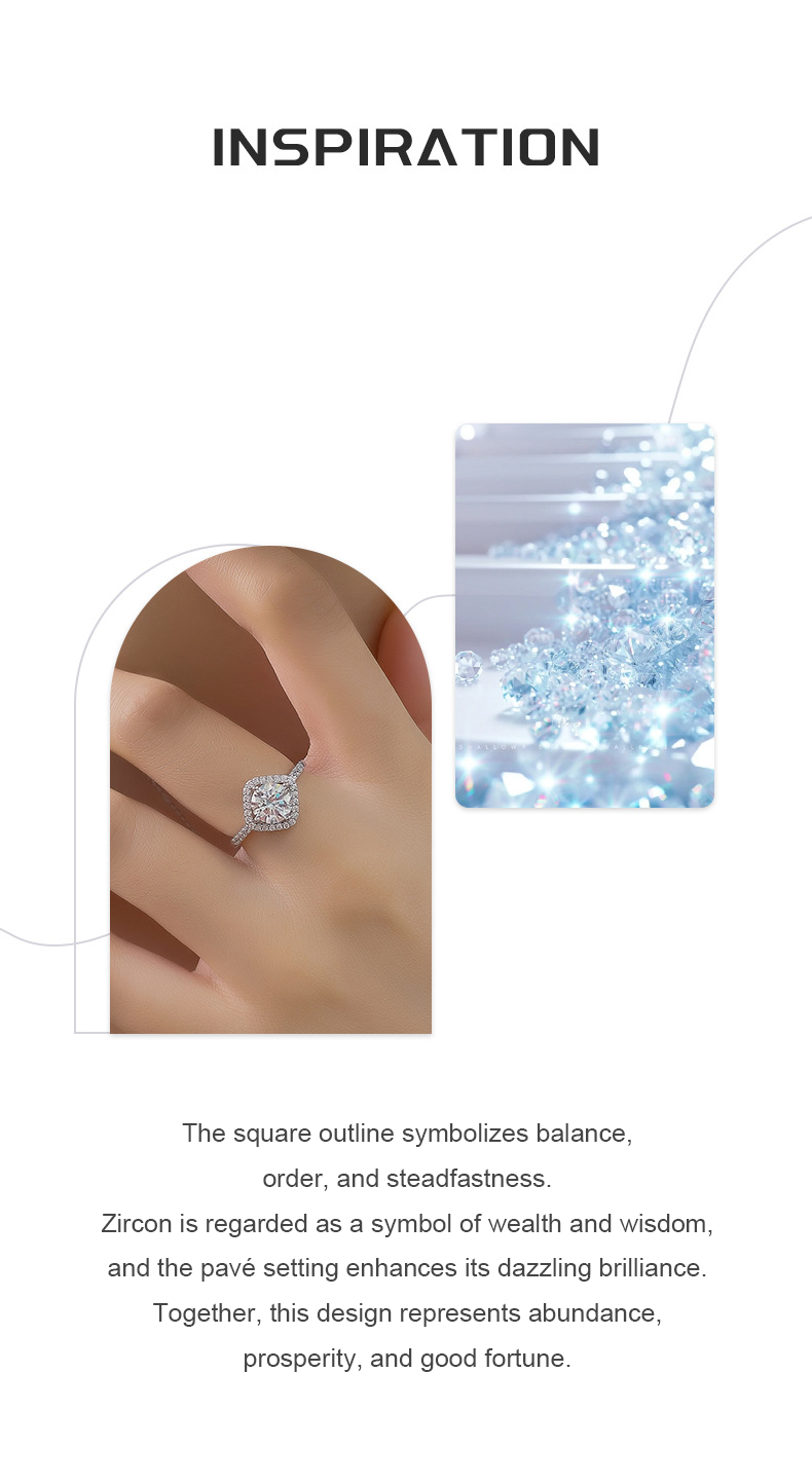 Pavé Square Zircon Ring – S925 Silver, Balance & Prosperity