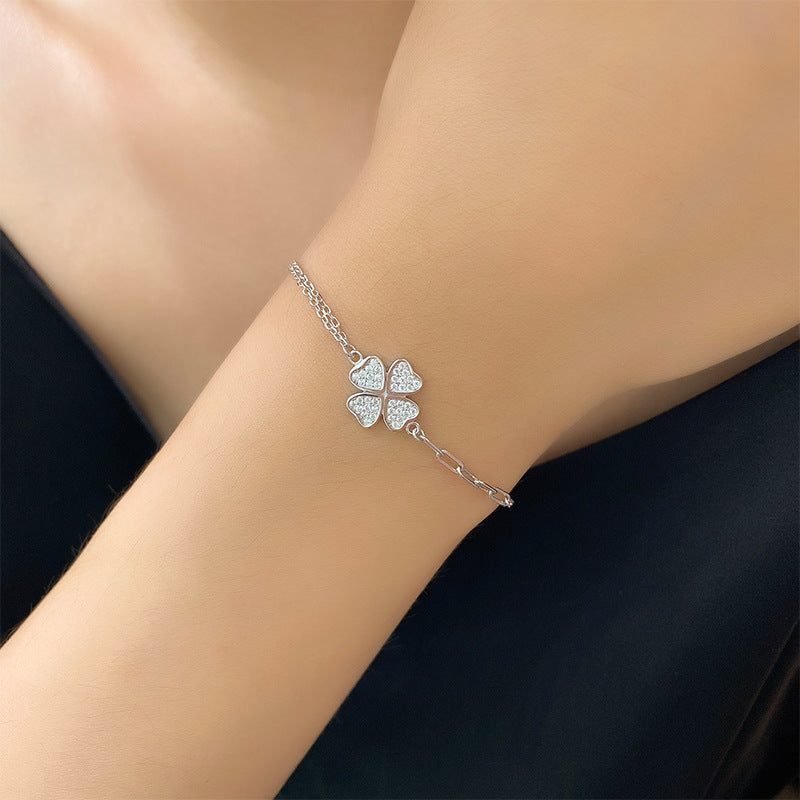 Four-Leaf Clover Zircon Bracelet – S925 Silver, Joy, Peace, Luck & Blessing