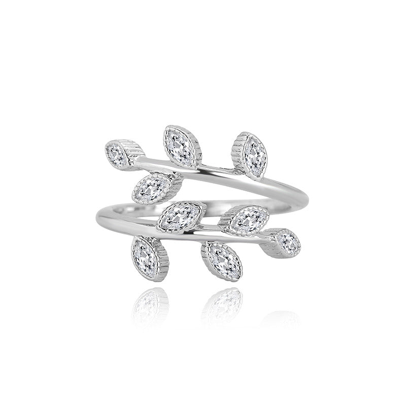 Leaf Motif Zircon Ring – S925 Silver, Vitality & Elegance