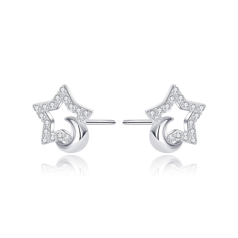 Shining Star & Moon Zircon Studs – S925 Silver, Luck & Radiance